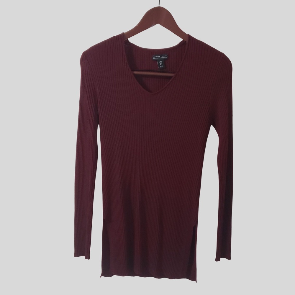 Adrienne Vittadini 100% Merino Wool Ribbed V-Neck Sweater Burgundy Small